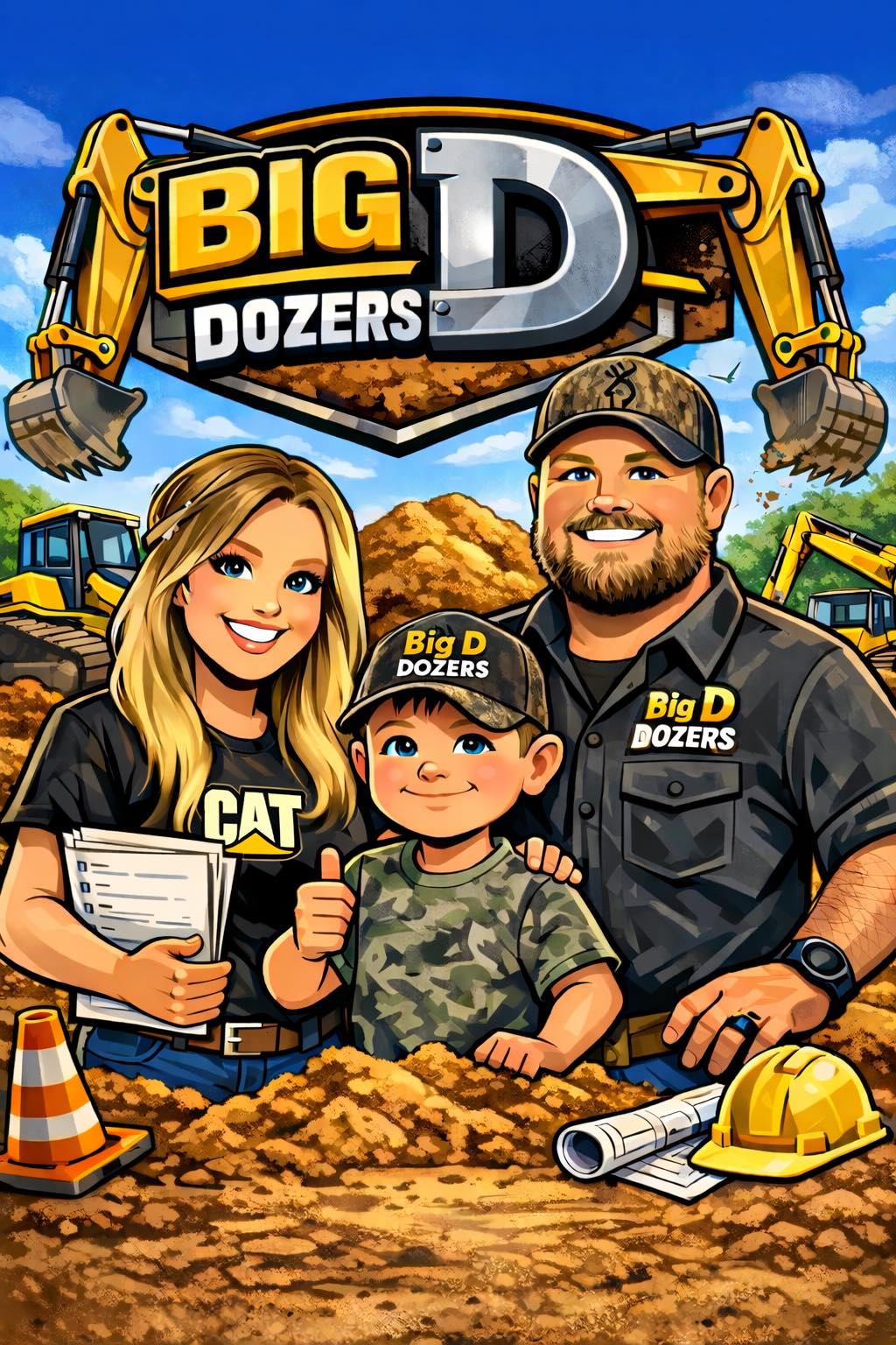 Illustrated family portrait of Big D Dozers & Construction owners and child standing in front of heavy equipment and dirt work site with company logo above.