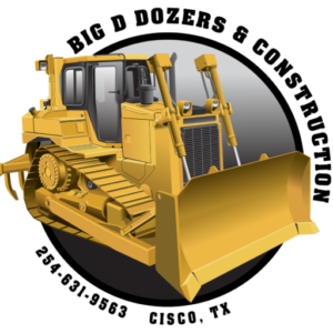 Big D Dozers & Construction circular logo showing a detailed yellow bulldozer with company name, phone number 254-631-9563, and Cisco, Texas location.